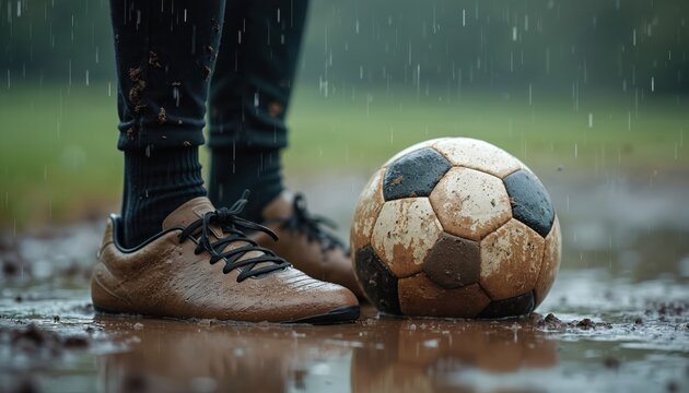 Muddy soccer cleats ball sit rain. Wet soccer field with water drops. Soccer player legs, shoe in puddle during game practice. Autumn, winter football training in bad weather conditions.