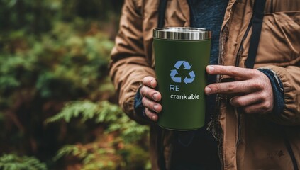 Person holding a dark green reusable travel tumbler with a recycling symbol