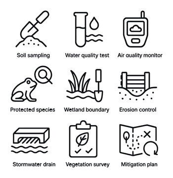 Environmental Icon Set. Outline icon set of environmental assessments: soil sampling, water quality test, air quality monitor,