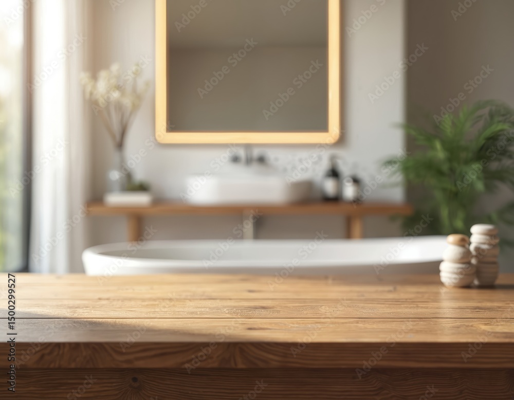 Poster empty wooden table with blurred modern bathroom background. template for product display. room with 