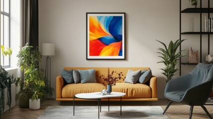 Modern living room with poster frame mockup in ISO A paper size on wall. Minimal 3D interior scene with sofa, decor, and neutral tones