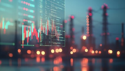 Futuristic financial data overlay on a blurred industrial complex at night