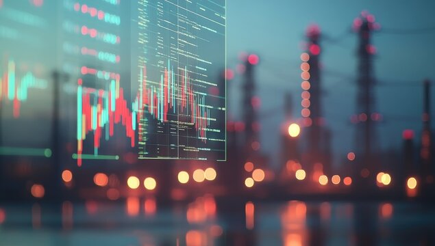 Futuristic financial data overlay on a blurred industrial complex at night