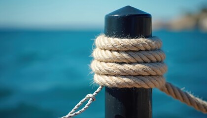 Fototapeta premium Close-up shot of rope tied around black pole. Nautical theme, maritime transportation, mooring, safety. Sea vacation, yachting, marina, harbor concepts. Calm ocean water background.