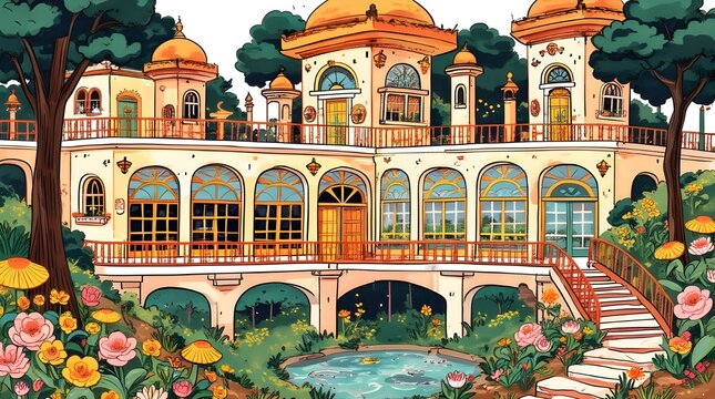 Mughal garden terraces reimagined as a Greek estate, with balustrades overlooking lotus pools, arched pavilions with floral domes, peacocks and temple urns, seamless roses and chinar leaves pattern