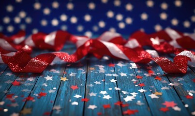 Memorial Day and Independence Day USA decorations, red, white, and blue festive theme. AI generated illustration.