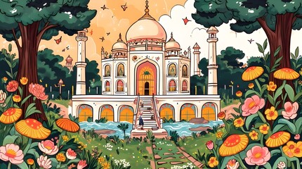 Taj Mahal in a classical Greek garden, white marble dome surrounded by floral balustrades, peacocks dancing near blooming lotus flowers, seamless pattern of jasmine and marigolds, ethereal sunrise glo