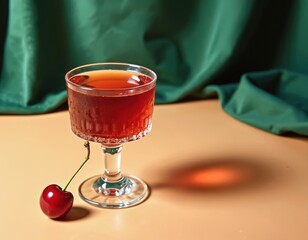Elegant cocktail glass, rich red drink with cherry. Vintage green drapery background, sunny day, summer vibes. Luxury, joy, refreshment, art deco, bar, holiday mood.