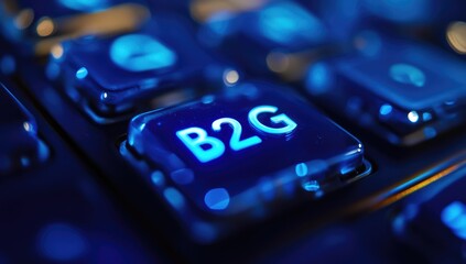 Close-up of glowing, translucent buttons with "B2G" on a dark keyboard
