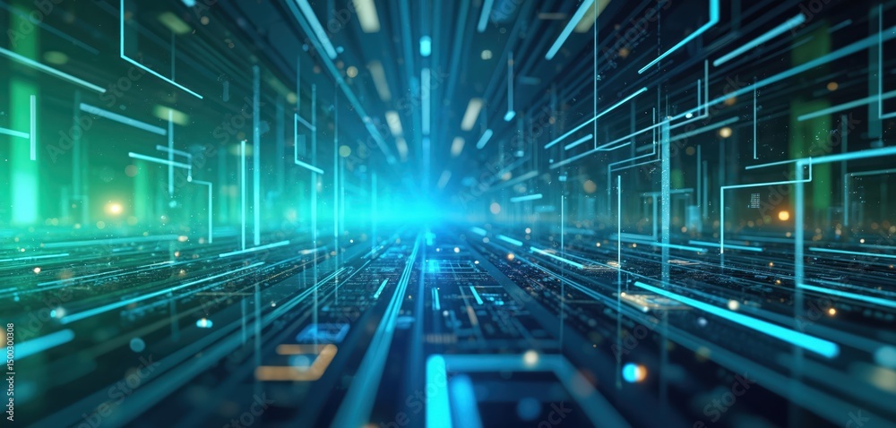Poster Intricate abstract illustration features intertwined blue green lines dots creating a dynamic grid. Seamless blending of colors evokes digital tech, science network, innovation.