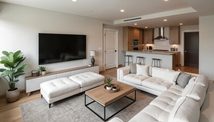 Modern living room with stylish white sectional sofa and wooden coffee table. Big TV, green plants, wooden floor. Contemporary interior design of a new apartment, home or hotel.