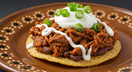 Authentic Mexican Tostada with Pulled Pork Beans Cream and Green Onions Food Photography Delicious