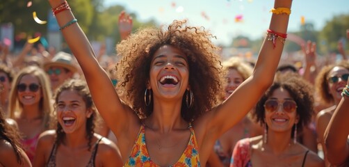 Obraz premium Joyful woman with curly hair celebrates at summer festival with diverse friends. Smiling female waves arms, laughing with friends, vibrant colours, cheerful multicultural crowd celebrating, positive