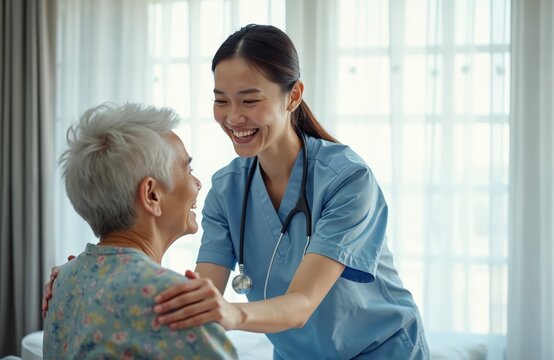 Asian nurse happily cares for senior woman at hospital. Smiling healthcare worker supports elderly female patient. Medical assistance, retirement, caregiving and lifestyle concept.