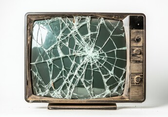 Broken vintage television, shattered screen