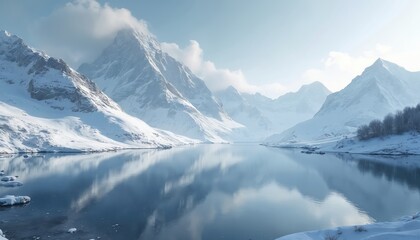 Scenic winter landscape, snowy mountain range with lake. Snow-covered mountains in foreground, cloudy sky. Calm water reflects peaks. Nature beauty, cold environment, winter travel, peaceful retreat,