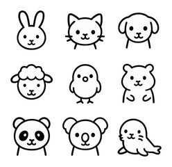 Gentle Animals Icons. Outline icon set of gentle animals: bunny, kitten, puppy, lamb, chick, hamster, panda, koala, seal pup. Line