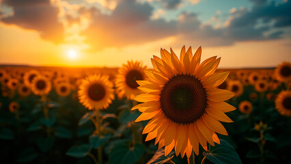 Fototapeta premium Vibrant Sunflower Field Under Dramatic Sunset Lighting, Expansive Composition