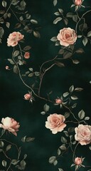 Dark teal background with many light pink roses and foliage