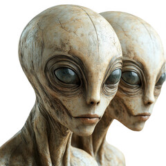Two aliens extraterrestrial beings with large eyes science fiction concept on transparent background
