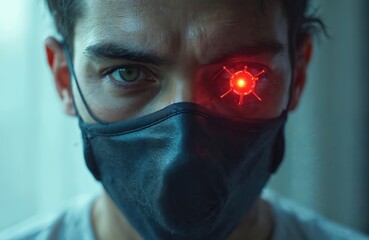 Portrait man mask with cybernetic eye. Concept of futuristic tech, bio-augmentation, virus protection in urban environment. Disease outbreak, global pandemic, contamination, public health, safety.