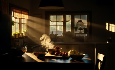 A cozy kitchen bathed in warm sunlight where culinary dreams unfold and flavors dance on the air 