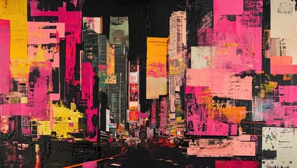 Fototapeta premium A vibrant, mixed-media cityscape. Layered urban forms with bold, contrasting colors?pink, yellow, and black?and collaged textures dominate the scene