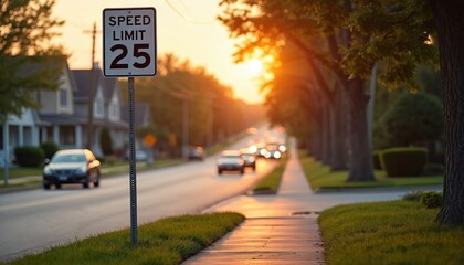 Golden hour in a quiet suburban neighborhood. Speed limit 25 mph sign on street. Cars on road, residential houses, trees, sidewalk with green grass, warm sunset daylight. Peaceful scene, safe drive.