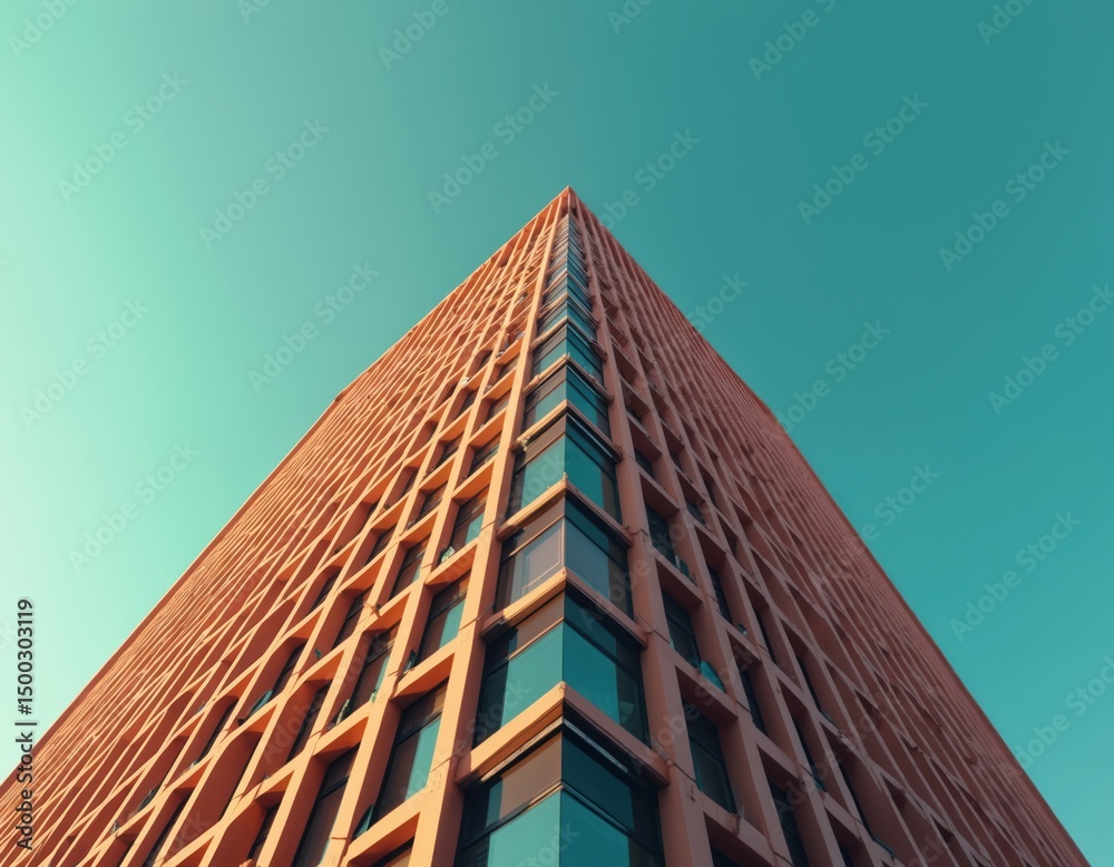 Aufkleber low angle view of modern skyscraper against teal sky. terracotta building with grid facade, blue win