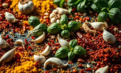 A culinary canvas of vibrant hues and fragrant herbs where garlic cloves red pepper flakes and fresh basil lay scattered amidst a kaleidoscope of spices and herbs inviting the viewer into the realm of
