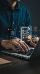 Digital document management with semitransparent checklist icons on laptop screen