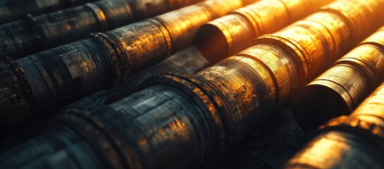 Close-up of numerous aged metal pipes, lit by warm sunlight