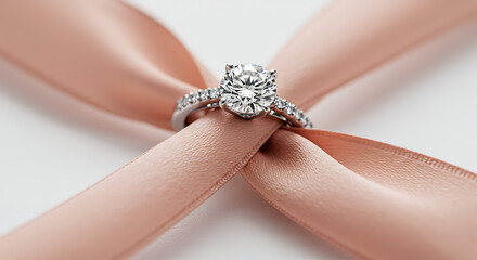 Diamond ring on pastel ribbon background, soft and elegant wedding or proposal image

