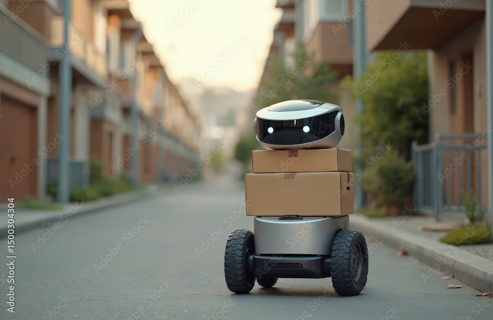 Poster Autonomous delivery robot transports cardboard boxes in residential area. Modern technology for package delivery, e-commerce. Artificial intelligence logistic system. Self-driving vehicle on urban