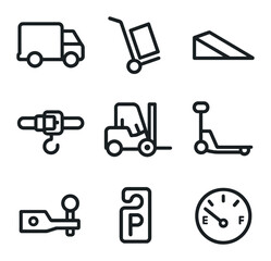 Plakat Loading Icon Set. Outline icon set of loading and transportation: moving truck, dolly, ramp, tie-down strap, forklift, pallet jack