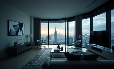 A contemporary apartment sleek and modern with minimalist decor and panoramic city views 