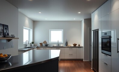 Fototapeta premium A sleek minimalist kitchen where stainless steel countertops met glossy white cabinets and a minimalist island served as the heart of culinary activity 
