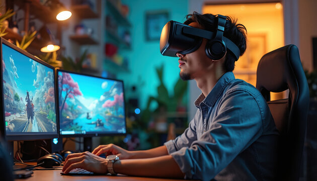 Young Asian man using VR headset in modern creative office. Dual monitors show game graphics. Game developer works in virtual reality, creating new gaming experiences. Modern tech, gaming atmosphere.