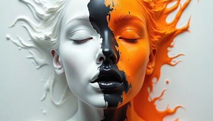 Obraz premium Abstract illustration woman face split. Painted white black orange paint. Concept duality expression. Closed eyes. Calm serene. Creative design. Digital art.
