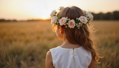 Naklejka premium Young girl with flower crown standing in a field during sunset 