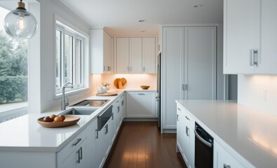 A minimalist haven where crisp white cabinets and sleek countertops create an airy and inviting space 