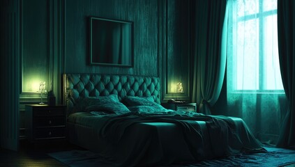 Dark teal bedroom,  nightly ambiance