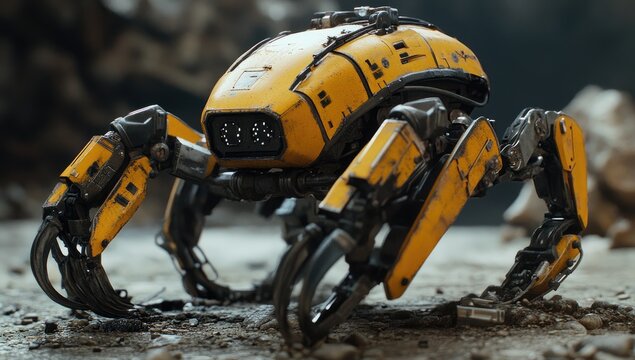 Rusty yellow robot crawler on rocky terrain (1)