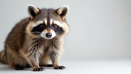 Close-up portrait of cute raccoon. Adorable mammal isolated on white background. Funny animal with fluffy fur, looking directly at the camera. Studio shot, animal head, no people.