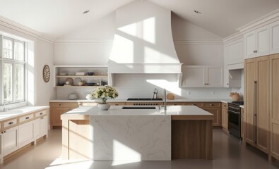 A pristine kitchen bathed in natural light features a symphony of white and white oak creating an airy and inviting ambiance A large white oak island anchors the room its countertop adorned with a wat