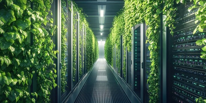 Verdant server room, lush walls of foliage line a data center hallway