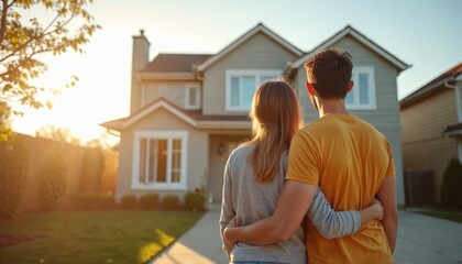 Young couple embraces in front of new home. Happy man and woman start new life together. They dream about family, home, cozy exterior, new real estate in the suburbs.