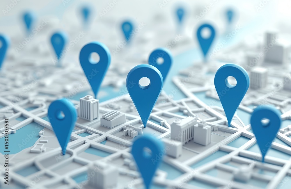 Aufkleber Digital map illustration features blue location pins across city layout. Visualisation guide with multiple points of interest. Navigation concept for business travel or urban planning.