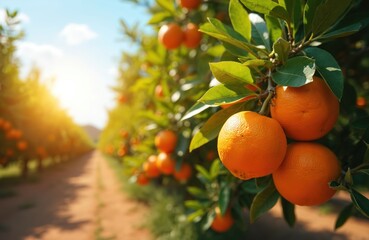Rows of orange trees with ripe fruits under bright sun. Juicy oranges ready to harvest in fruit farm. Plantation with citrus fruits, health, organic vitamin production.