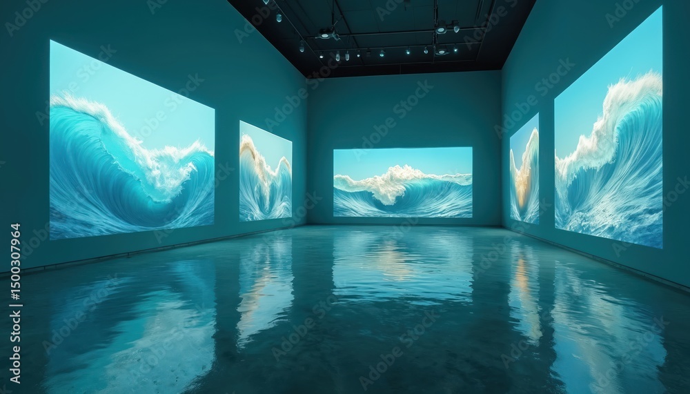 Fototapete immersive art installation with blue water projections on walls and reflective floor. wave theme sho
